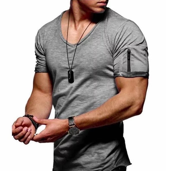 Men's solid color short-sleeve V-neck fitness T-shirt